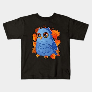 Blue Owl Orange Autumn Leaves Kids T-Shirt